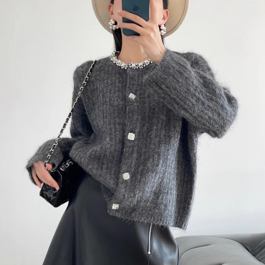 

French Style Rhinestone Knitted Sweater Women's Autumn Winter New Soft Long Sleeved Cardigan Elegant Button O-neck Loose Jacket