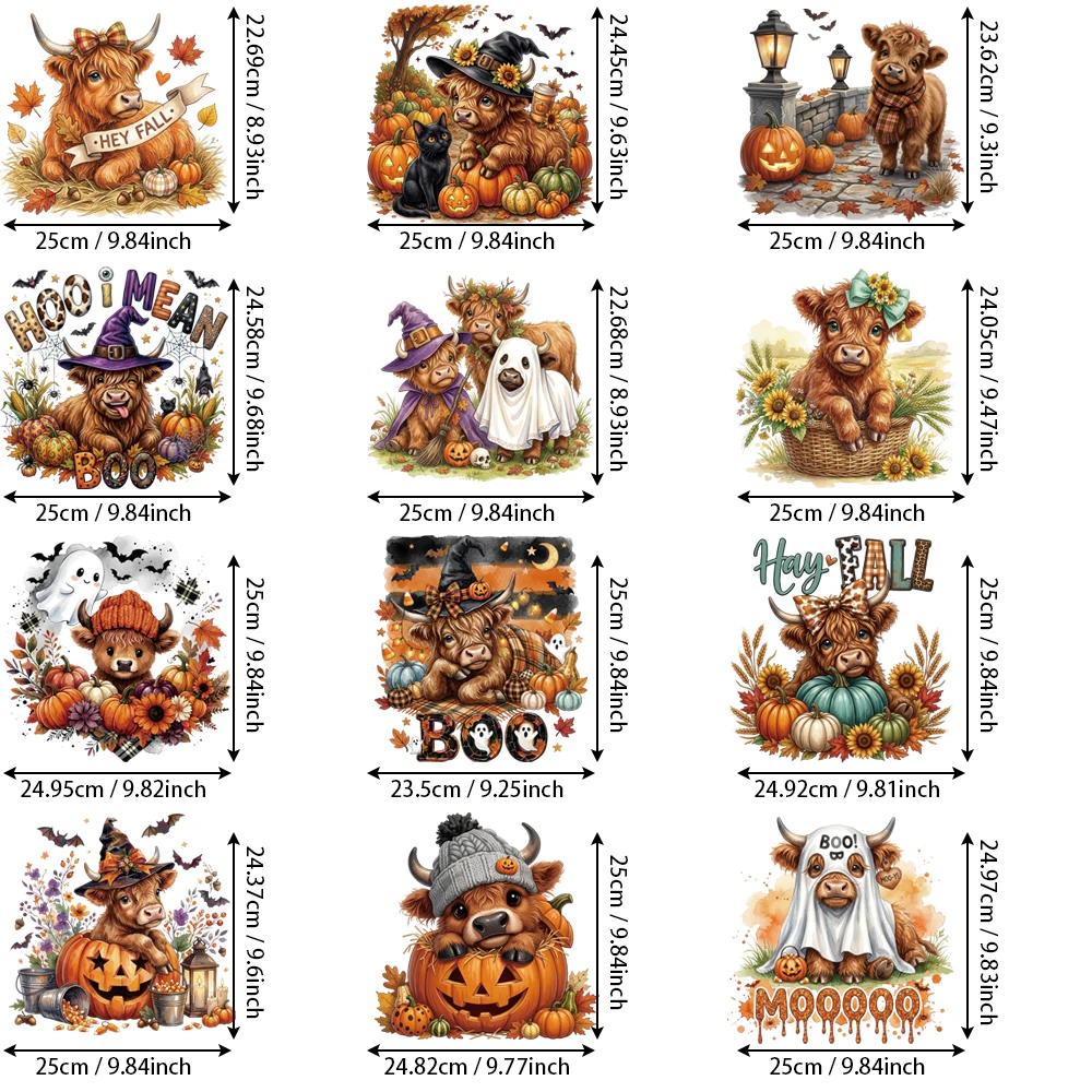 6Pcs Hey Fall Highland Cattle Heat Transfer Stickers, Wash-Resistant, for Garment Repair & Daily Wear
