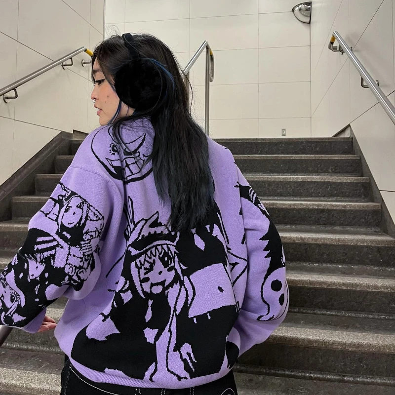 Harajuku women sweaters pullover winter 2000s Casual fashion streetwear knitwear Embroidery anime pattern oversized sweater top