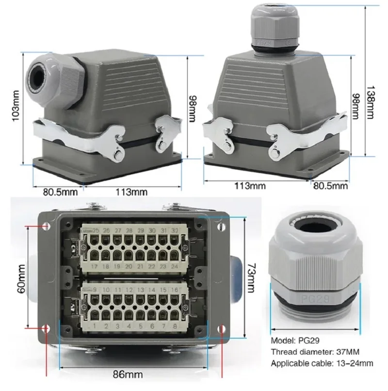 32-pin heavy duty connector HDC-HE-032 Waterproof Aviation plug socket 500V 16A