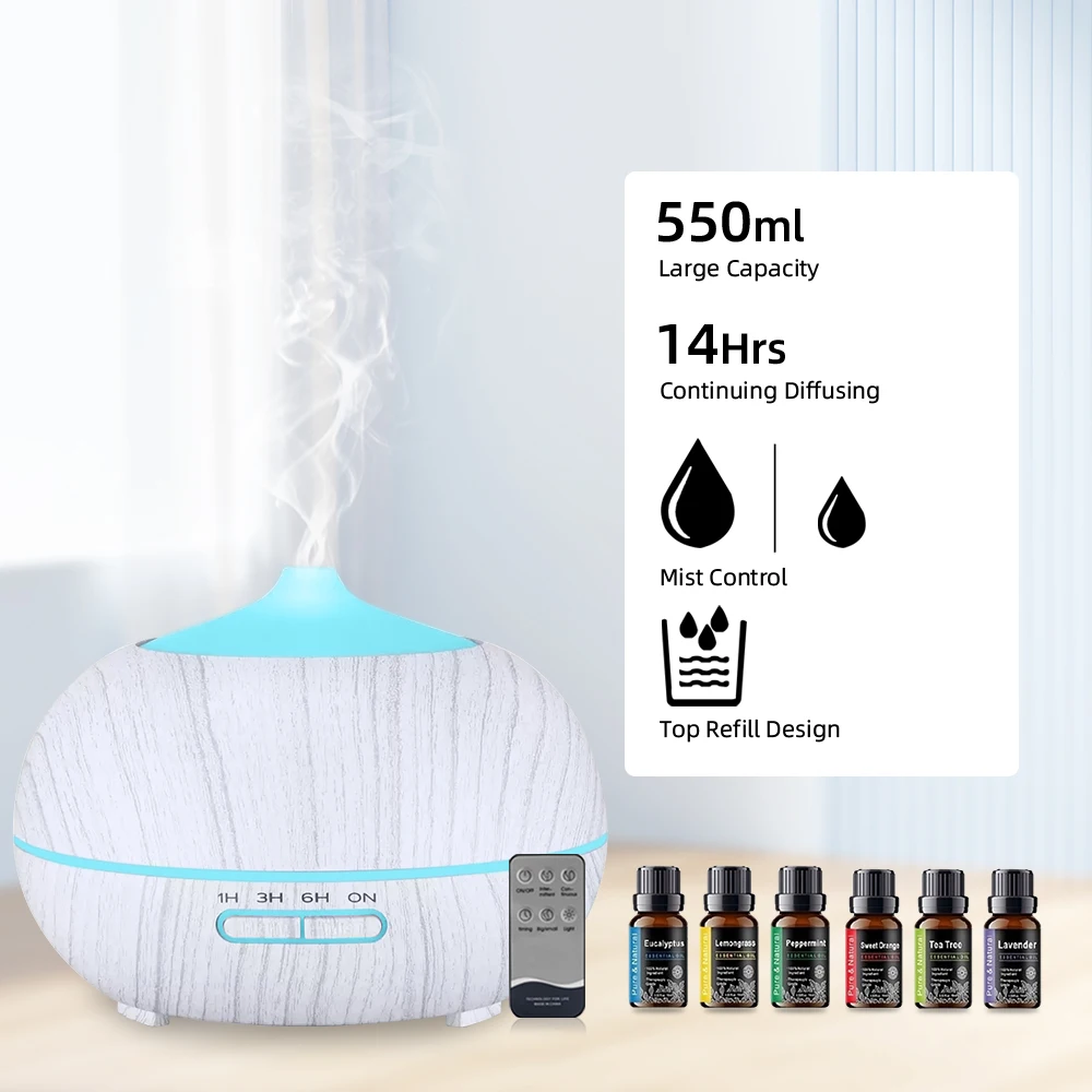 Diffuser For Home 550ml Wood Grain Essential Oil Diffuser with Remote  Includes 6  Essential Oils  7 Color LED Mood Lighting