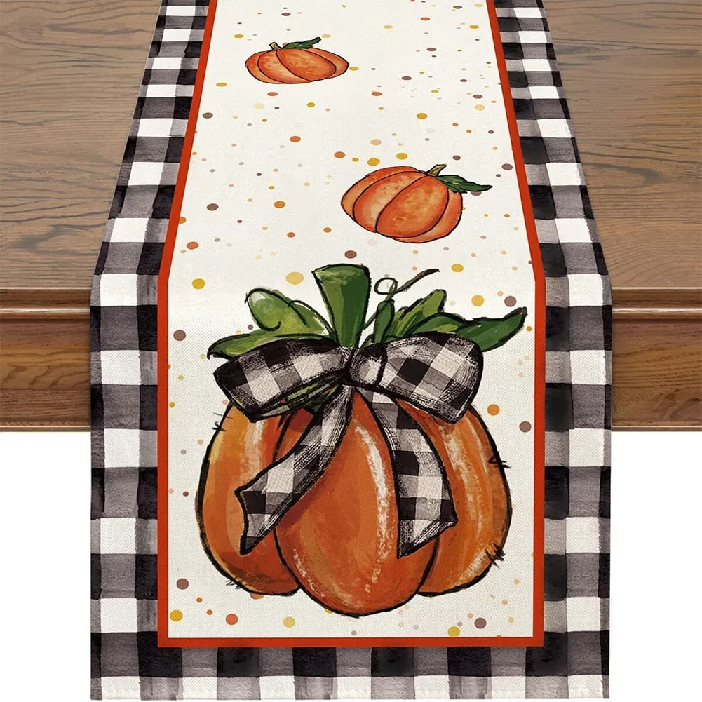 13x72IN Thanksgiving Table Runner Autumn Pumpkins Maple Leaf Print Linen Dining Table Decoration For Halloween Thanksgiving