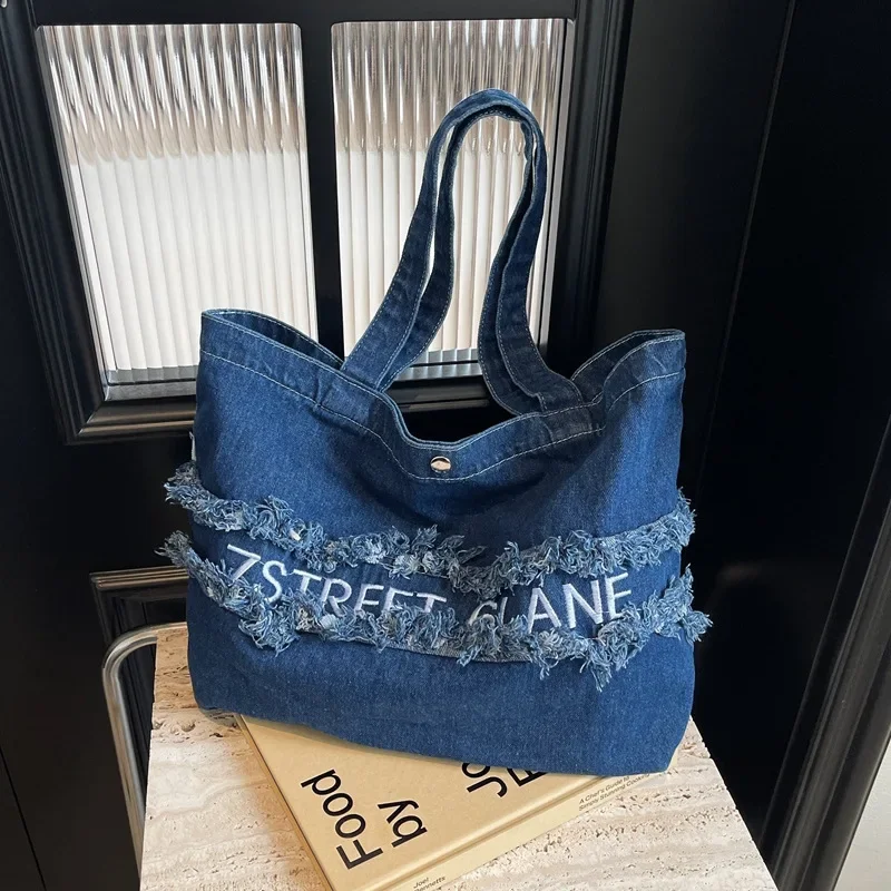 Korean Niche Washed Denim Canvas Bag Women's 2024 New Fashionable Large-capacity Commuter Shoulder Tote Bag