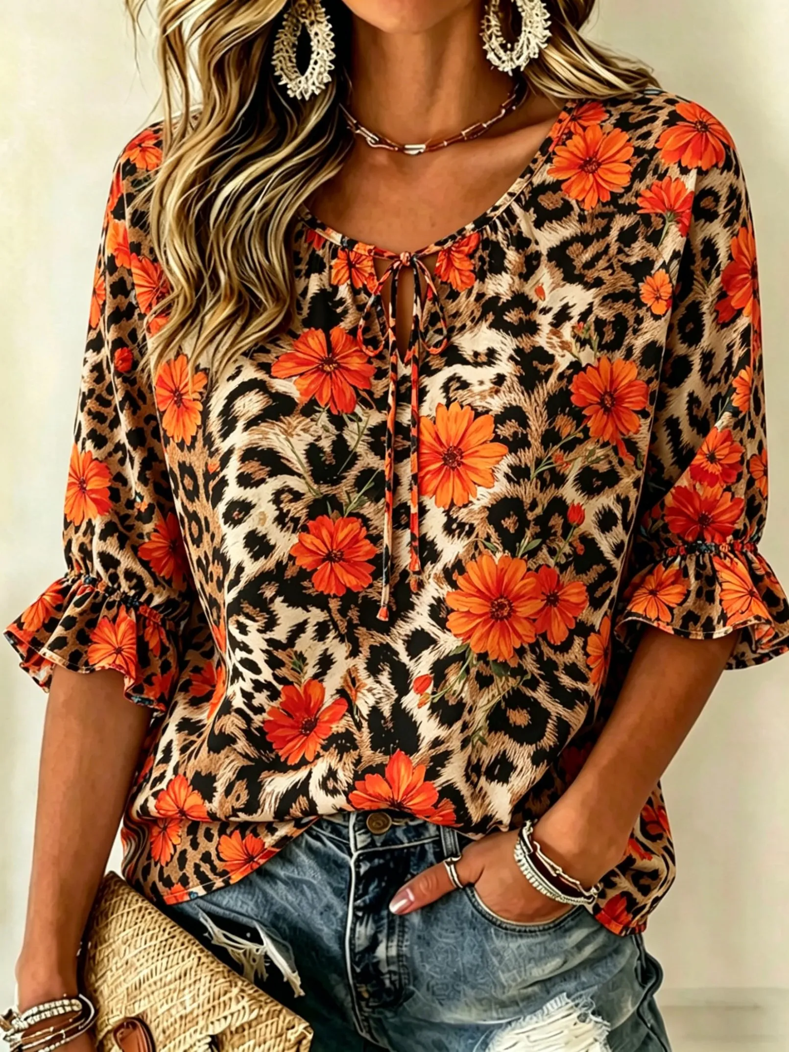 

Women's Leopard Print & Orange Floral Tie Front Blouse, Casual Loose Top for Spring Summer Daily Wear