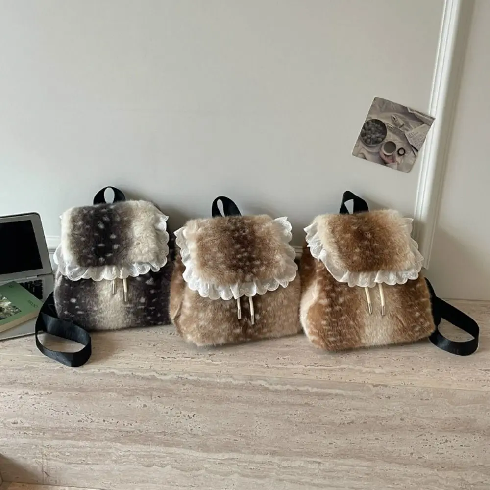 Retro Leopard Print Fluffy Shoulder Bag Deer Spot Soft Backpack Solid Color Lace Drawstring School Bag Dating