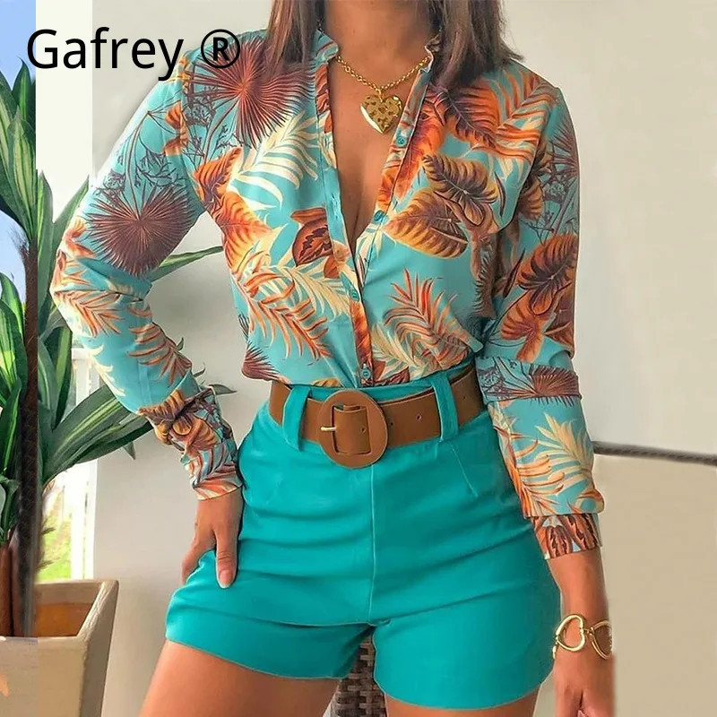 Women Digital Print Stand Collar Long Sleeve Shirt High Waist Shorts Set Unique Pattern Artistic Two Piece Co-ord Outfit