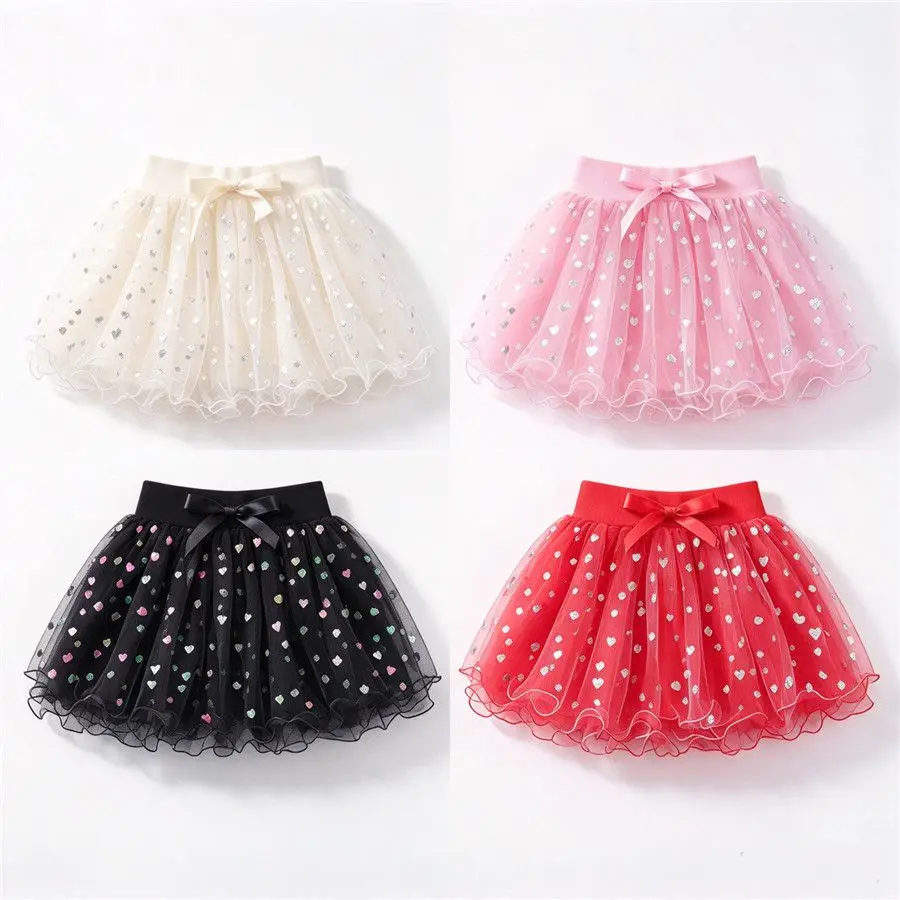 Sweet Little Girls Glitter Heart Print Tutu Skirt Bow Decoration Kids Christmas Birthday Party Skirt