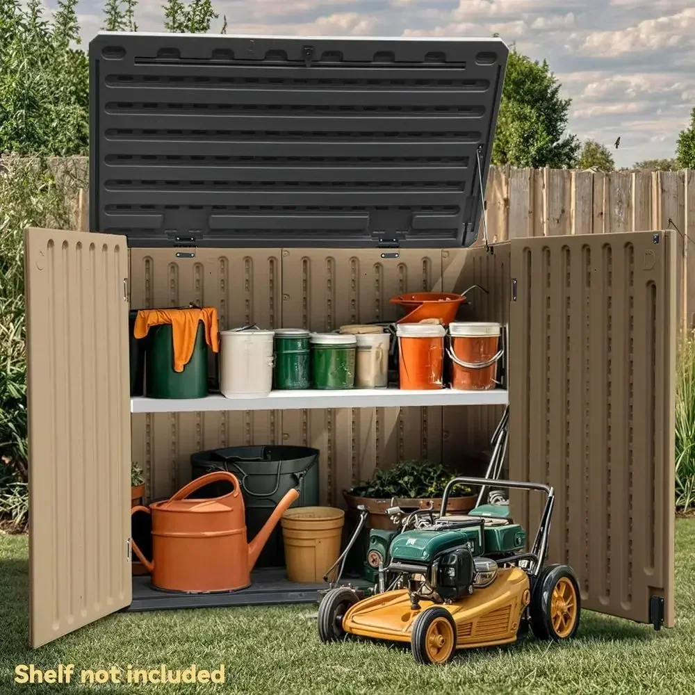 Outdoor Horizontal Storage Shed, Waterproof Resin, with Floor and Access for Garden Tools, Easy Assembly, Brown