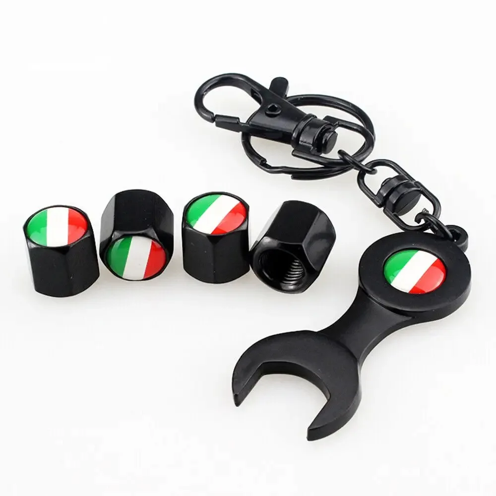 

One Set (5pcs) Italy Flag Black Car Tire Air Valve Stem Caps Universal Accessories Key Ring KeyChain