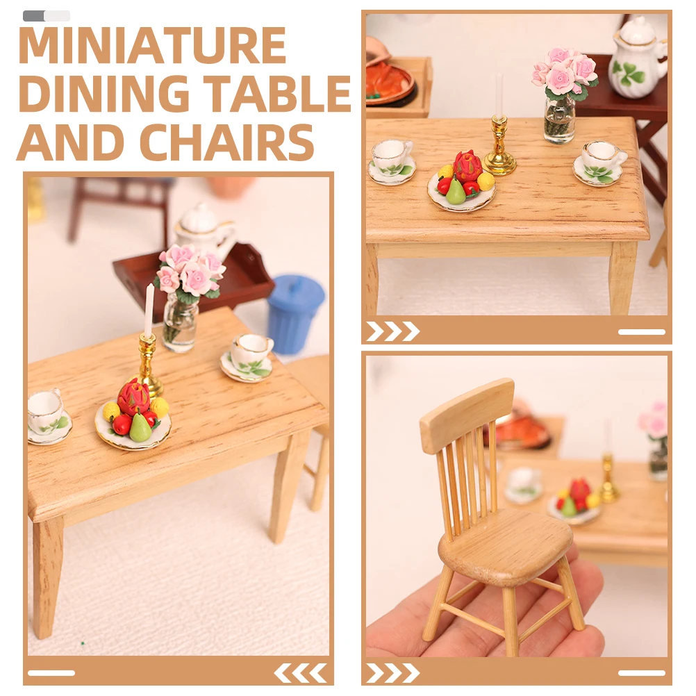 

House Mini Dining Table and Chair Furniture Wooden Miniature for Dollhouse