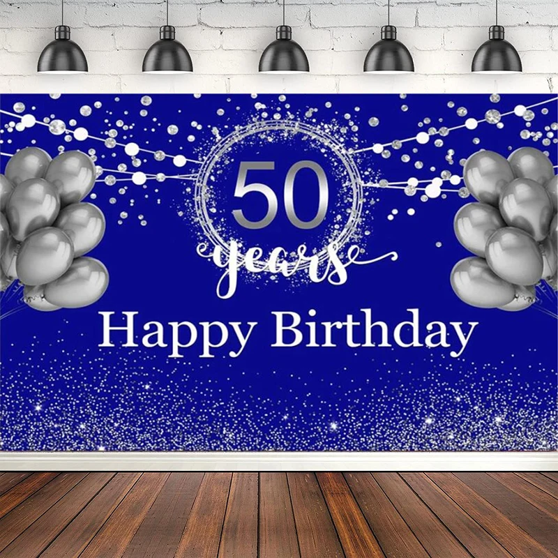 Blauer Fotografie-Hintergrund, graue Luftballons, 50. Geburtstag, Fotokabine, Hintergrund, Poster, Splitter, glitzernd, glänzender Punkt, Dekoration, Banner