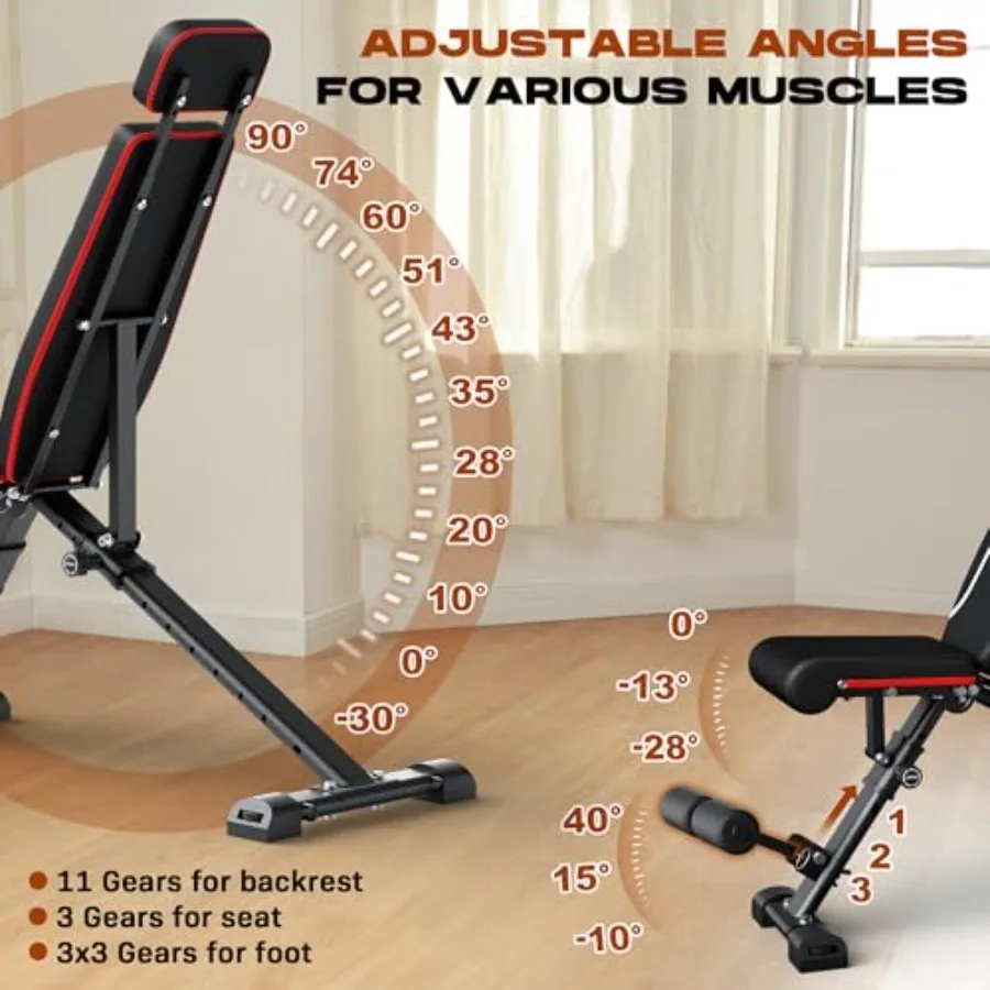Folding Weight Bench 880LB Foldable Workout Bench with Extended Headrest for Bench Press Workout Training Incline Decline Bench
