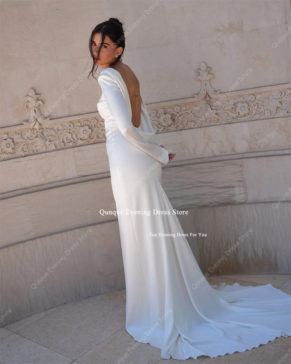 Qunque Minimalism Mermaid Wedding Dresses Women Long Sleeves Open Back Vestidos De Novia Sweep Train Robe De Mariée Customized
