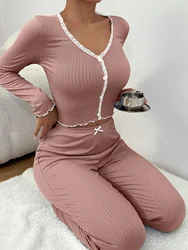 Autumn Winter Homewear Women Pajamas Set Long Sleeves Shirt Trousers 2 Pieces Sexy Lace Pijamas Sleepwear Loungewear