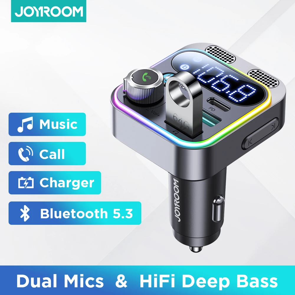 2024 Bluetooth 5.3 FM Transmitter for Car, [Stronger Dual Mics Deep Bass Sound] , 48W PD&QC3.0 Car Charger Bluetooth Adapter