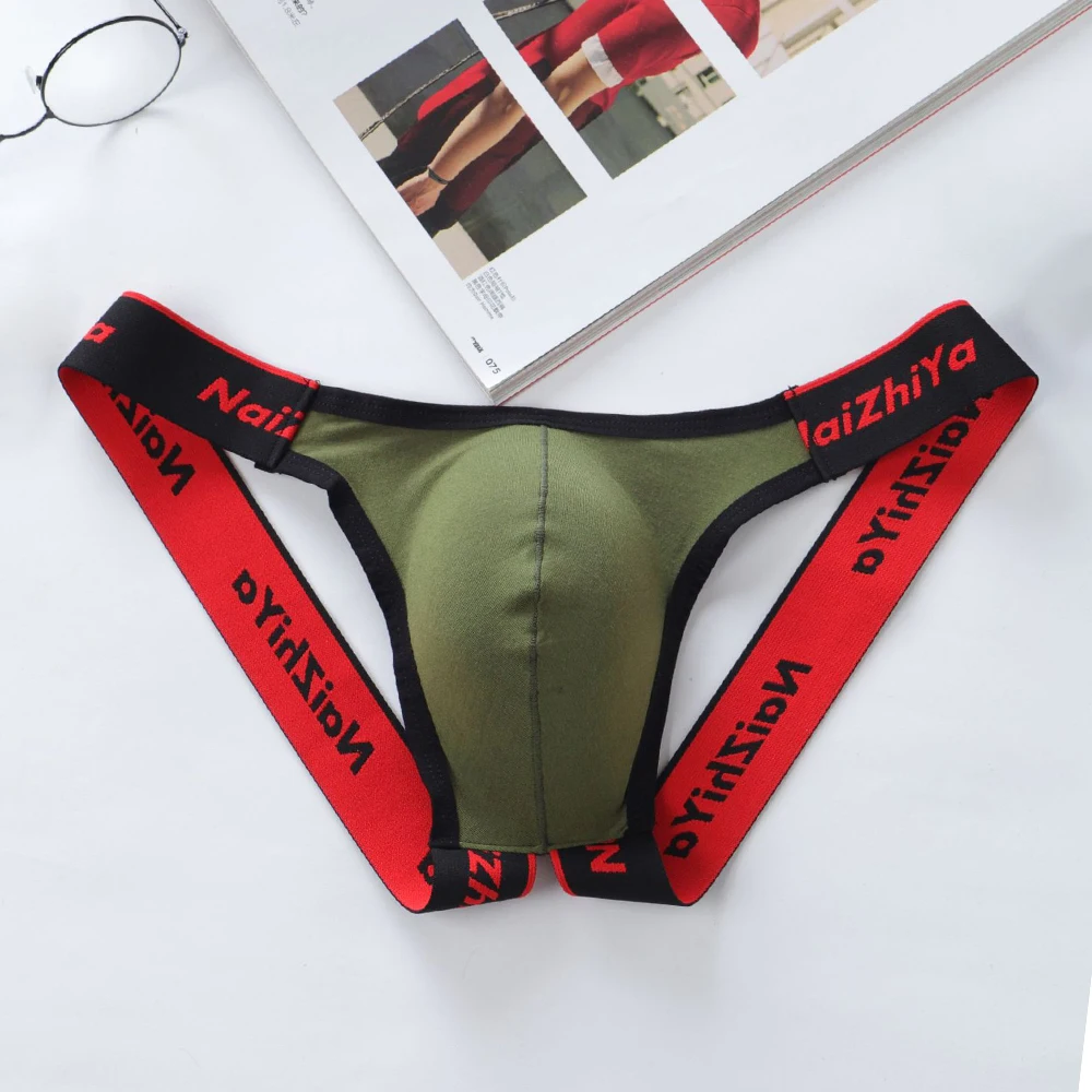 1pc Men\'s Briefs Thongs Patchwork Low Waist U-Convex Pouch Panties Open Rear Underwear Underpants Lingerie G-Strings For Man