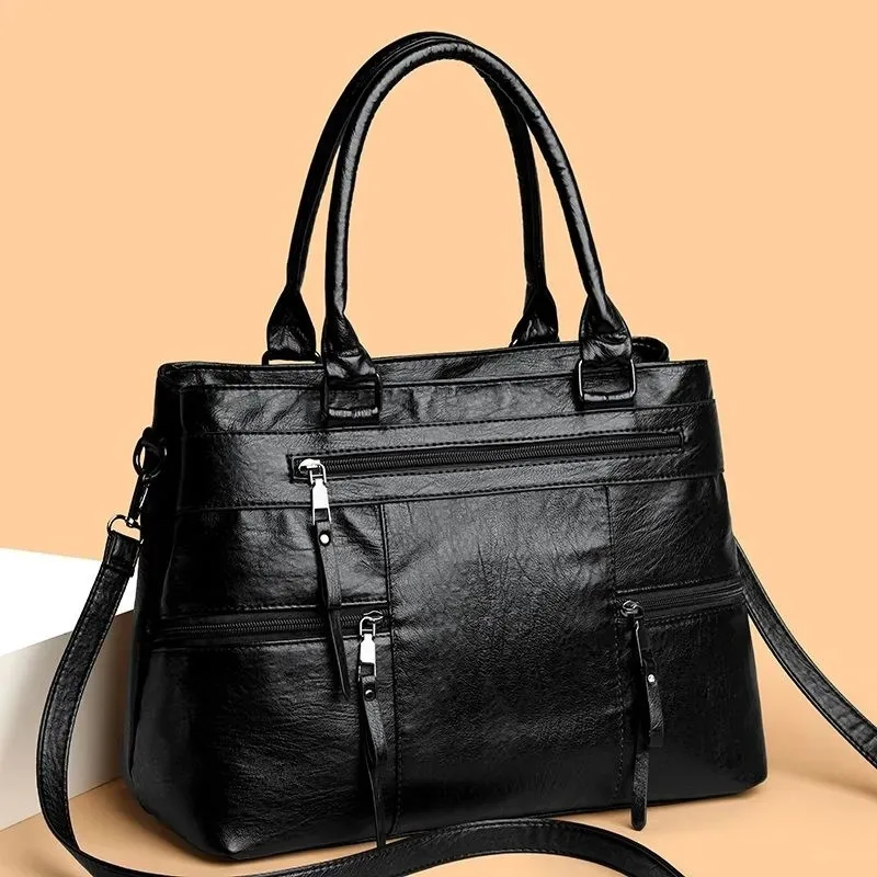 Retro Leather Tote Bag Multi Zipper Pockets Large Handbag Detachable Crossbody Strap Shoulder Satchel Purse Fashion Women Bags