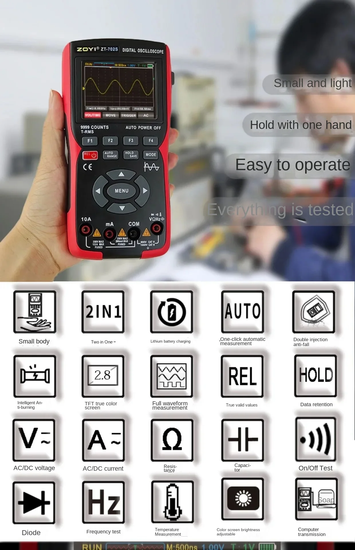 

ZOYI ZT-702S 2in1 Handheld Digital Automotive Oscillo scope Mul timeter Single Channel 10MHZ Bandwidth,64Kbyte Record Length,48
