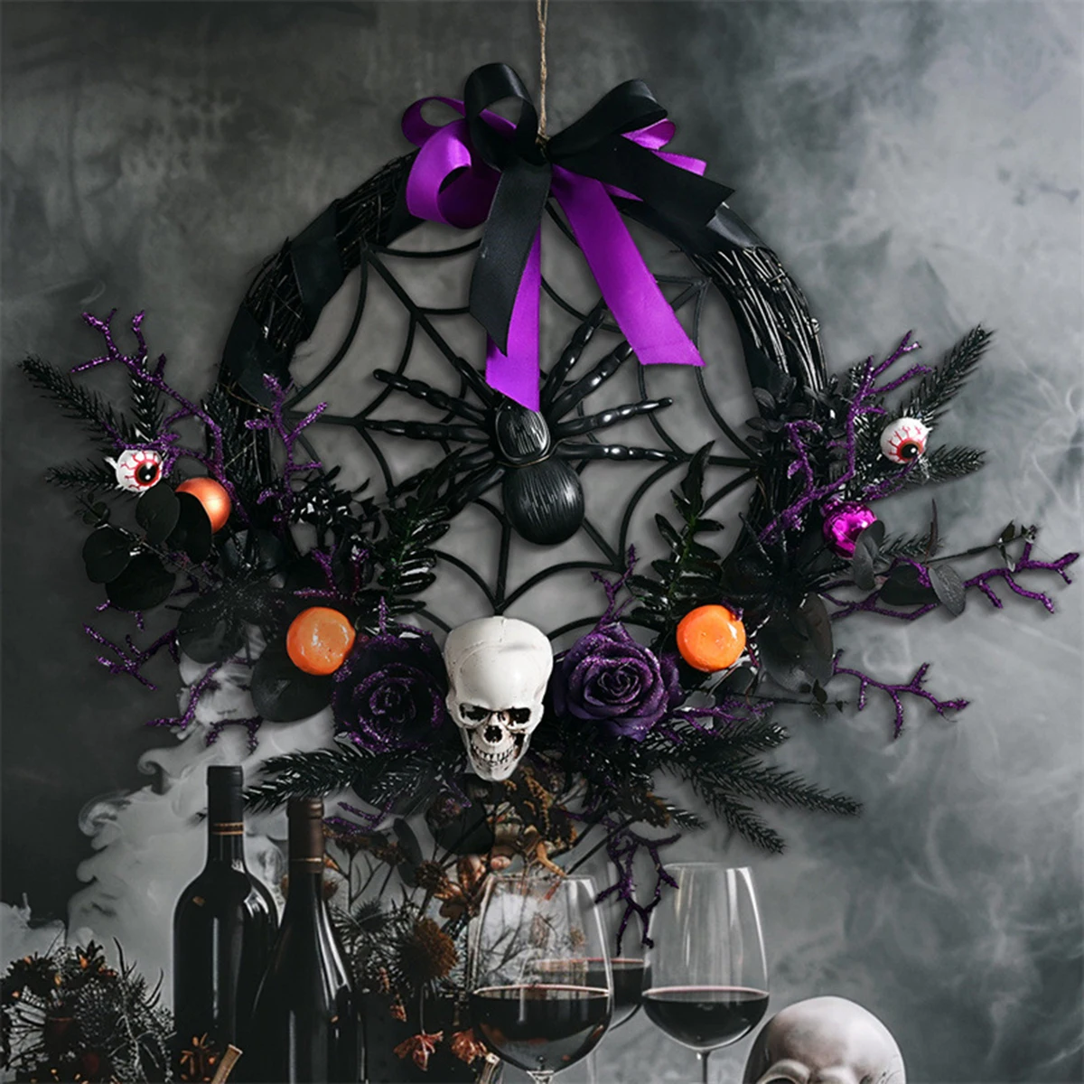 

1PC HALLOWEEN wreath Simulated Skull Halloween Haunted house horror party decoration Door hanging purple wreath and rattan ring