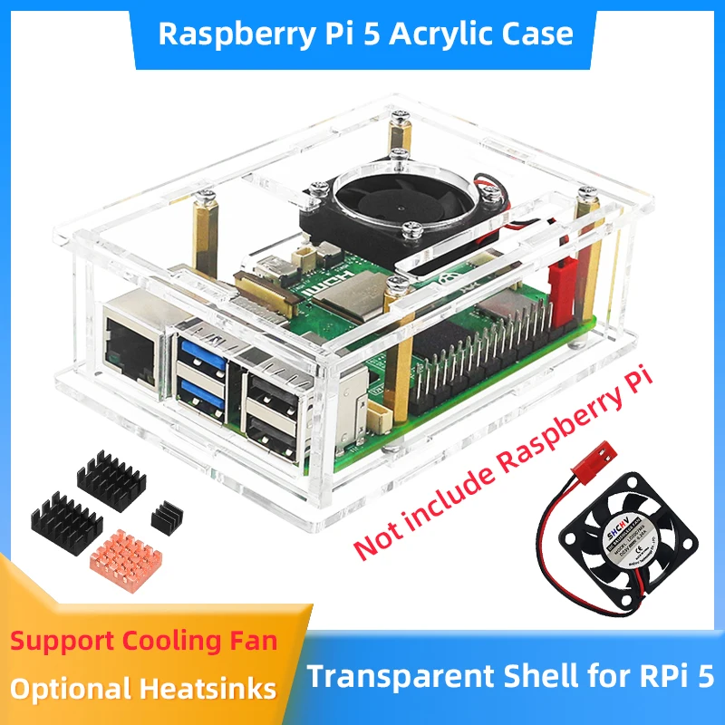 Raspberry Pi 5 Case Transparent Shell Optional Fan Heatsinks Passive Active Cooling for RPI 5 Pi5