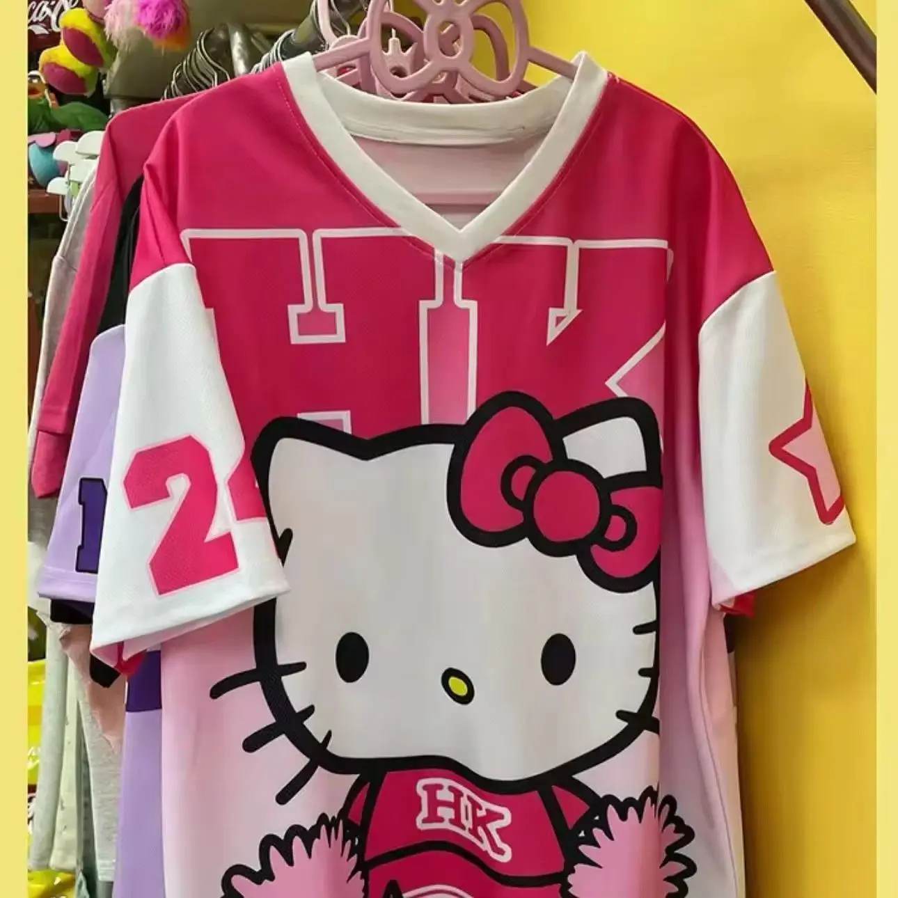 Summer Sanrio Hellokitty Cartoon Printed Short Sleeved T-Shirt V-Neck Loose And Fashionable Street Wear Casual Sportswear Top