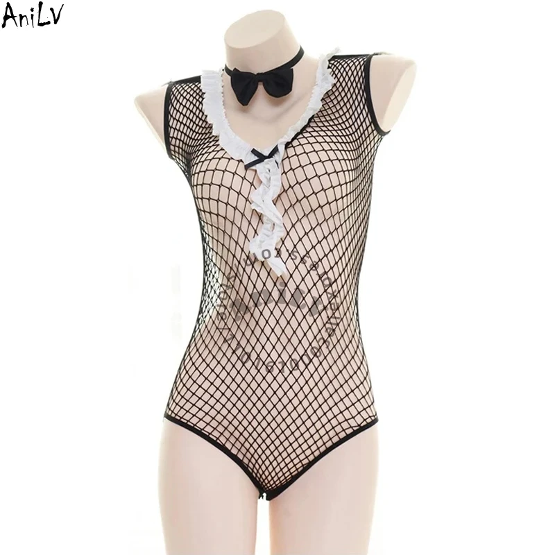 

AniLV кролик для девочек, ажурное сетчатое боди с ушками, сексуальное женское белье, униформа горничной Miss Rabbit, эротический костюм, косплей