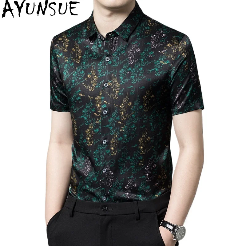 

Мужская рубашка AYUNSUE из 92,4% шелка тутового шелкопряда, летняя модная жаккардовая рубашка с коротким рукавом, повседневная шелковая футболка для мужчин, коллекция 2026 года