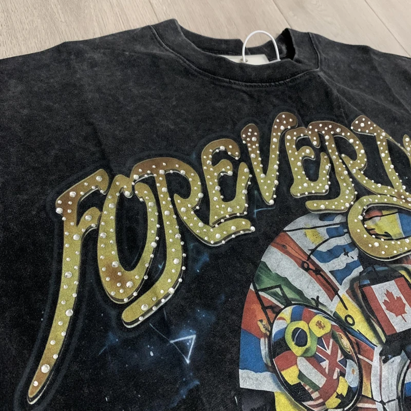 DUAA Tshirts White Ink Direct Spray American Retro Washed Hotfix Rhinestone Short Sleeve Tops Summer Men Women Hiphop Streetwear