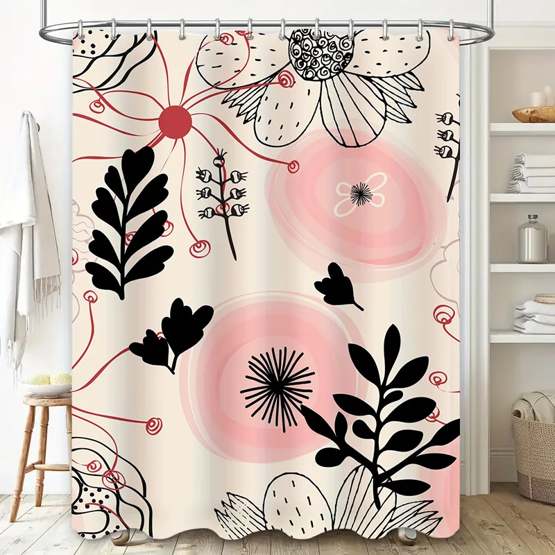 Abstract Floral Print Shower Curtain Pink Black Water Resistant Bath Decoration for Home Bathroom Accessories Set would be a sui