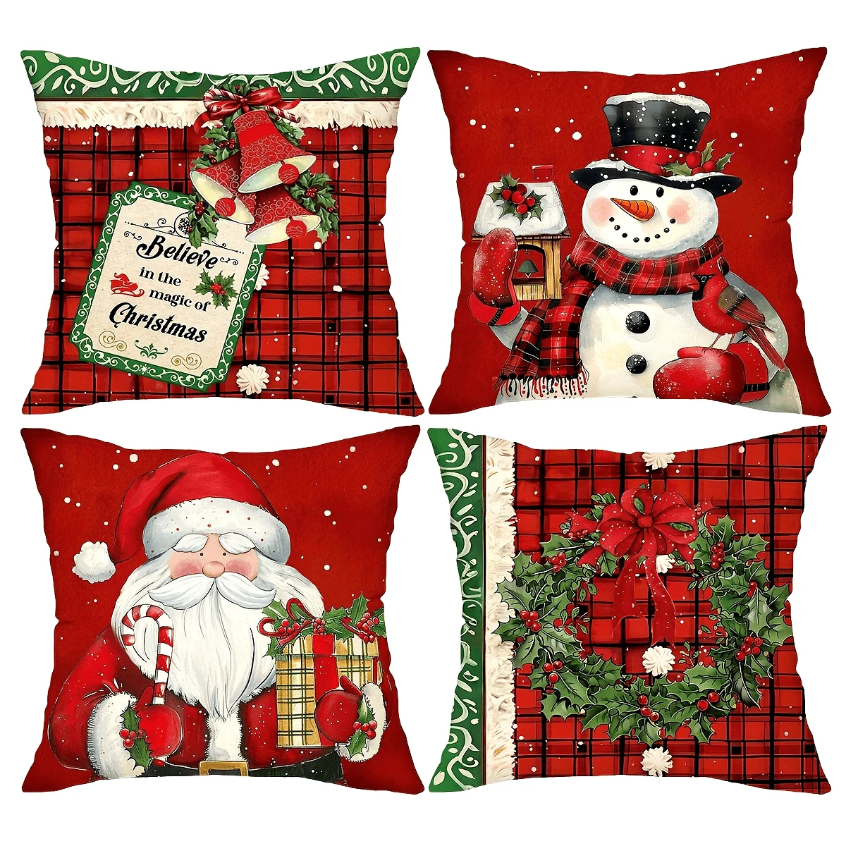 4-Pack Vintage Christmas Pillow Covers, Santa Snowman Retro Print, Zippered Polyester for Sofa Porch Patio Holiday Decor