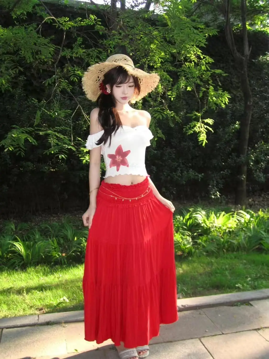 Coquette Style 2 Piece Set For Women Off Shoulder Crop Top Ruched High Waist Red Long Skirt Slim Fit Casual Daily Outfit Summer
