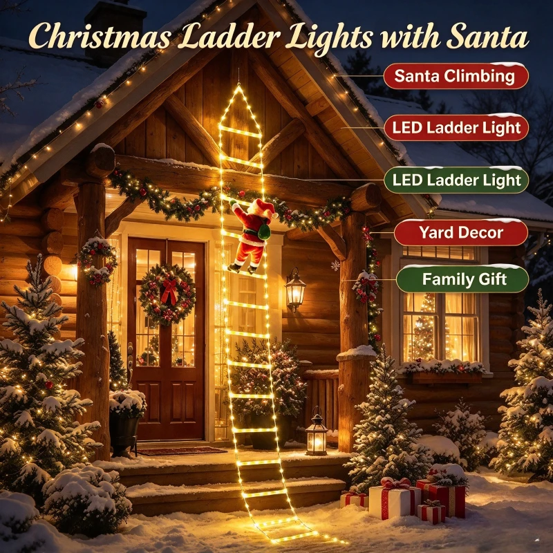 Santa Climbing Ladder Light Yellow Christmas Outdoor Hanging Rope for Balcony Porch Step Decoration for Garden Yard Patio Lawn