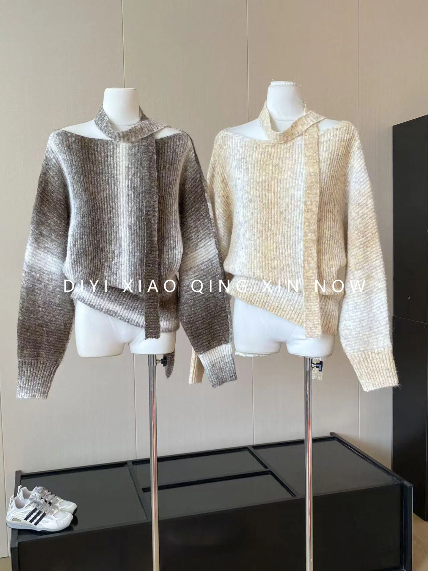 DIYI Korean Style Gradient Knitted Sweater Women's Off-Shoulder Loose Overhead Autumn Winter Polyester Fiber Long Sleeve