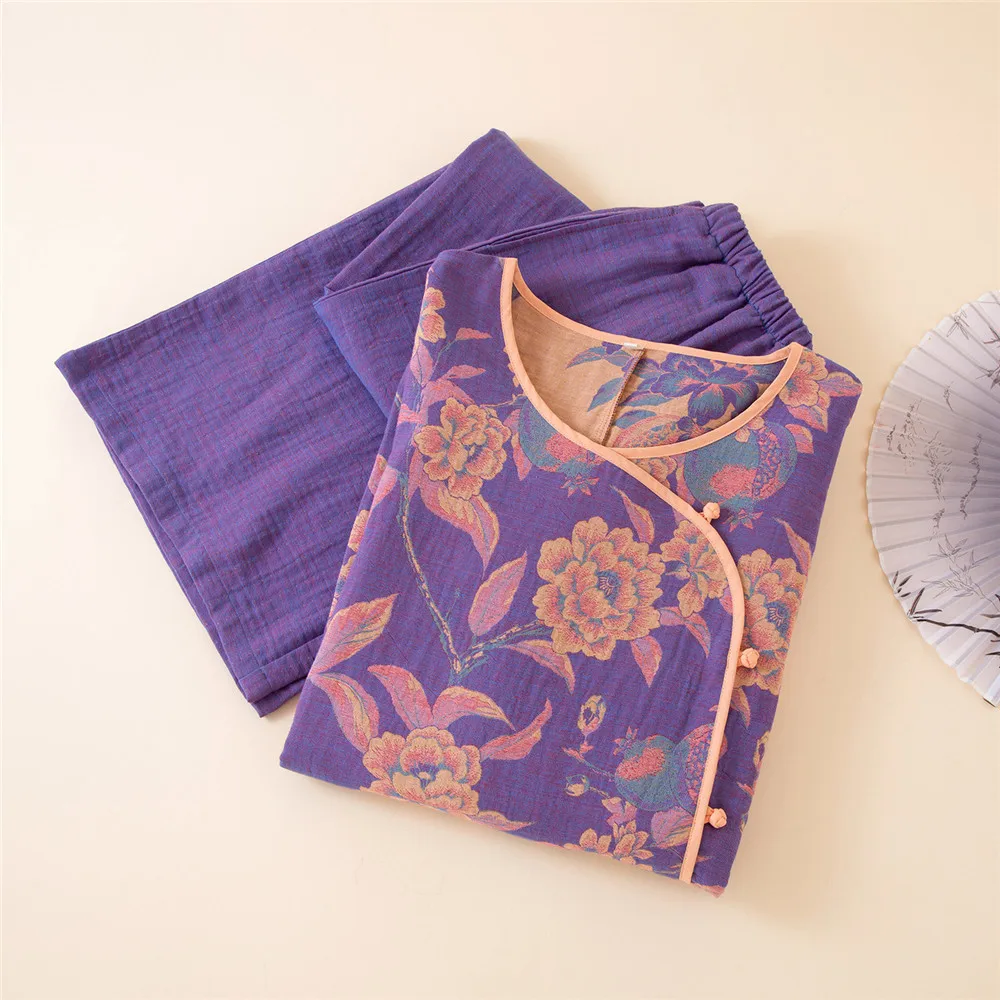 Floral Printed Cotton Double-layer Gauze Home Wear Purple Chinese Style Long-sleeved Pullover Trousers 2 Pcs Pajamas Set