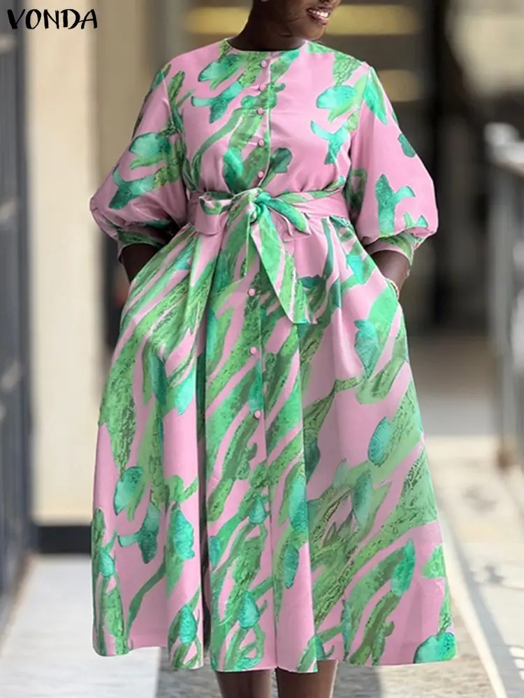 VONDA Plus Size Dresses Women Bohemian Print Midi Sundress Autumn 3/4 Sleeve Belted Casual Long Robe O-Neck Holiday Vestidos 5XL