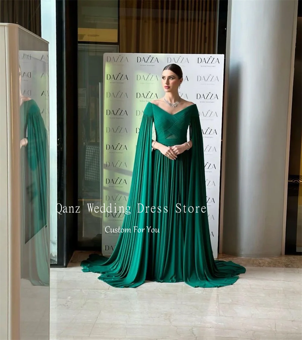 Qanz Green Long Cap Sleeves Evening Dresses Long A Line Formal Dress Women Elegant Chiffon V neck Open Back Vestidos De Fiesta