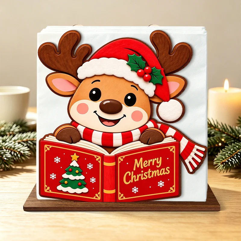 Christmas Wooden Napkin Holder Reindeer in Santa Hat Reading Christmas Story Book Table Tissue Organizer Xmas Decor
