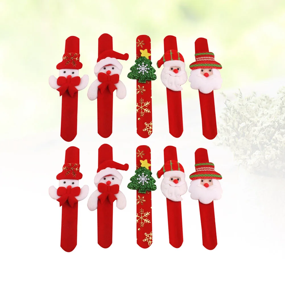 

10Pcs Snap Bracelets for Kids Christmas Slap Wristbands Santa Snowman Elk Design Party Favors Gift Bright Flexible Bending