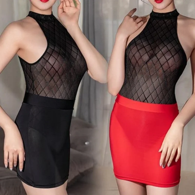 NEWFUNJOIN Sexy Sheer Short Skirts See Through High Waist Pencil Mini Skirt Long Transparent Night Club Wear Dress for Women