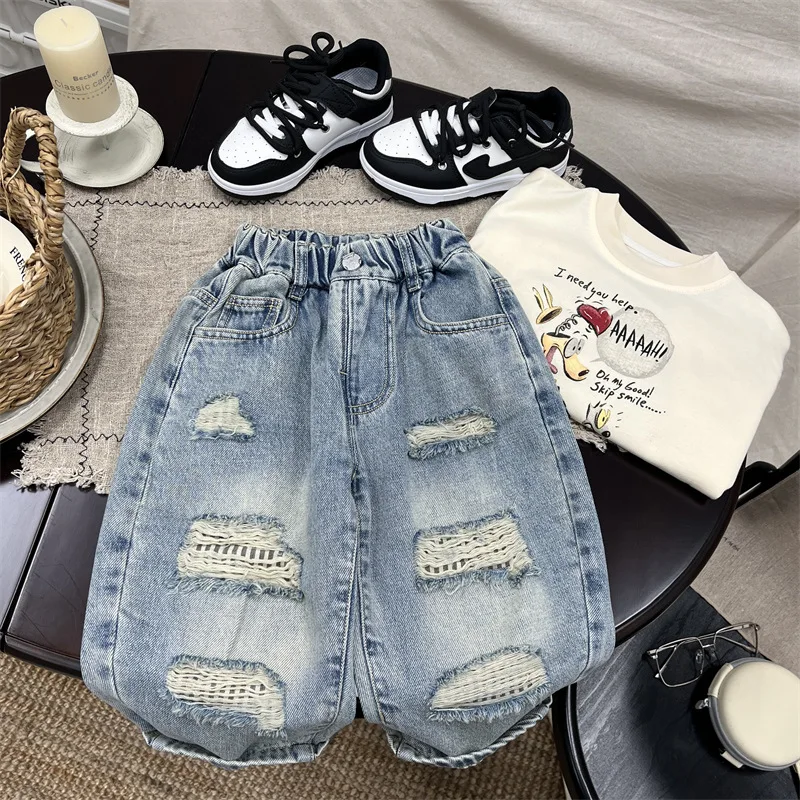 Boys Ripped Spring and Autumn Jeans 2026 New Children's Casual Pants Baby Spring Long Pants