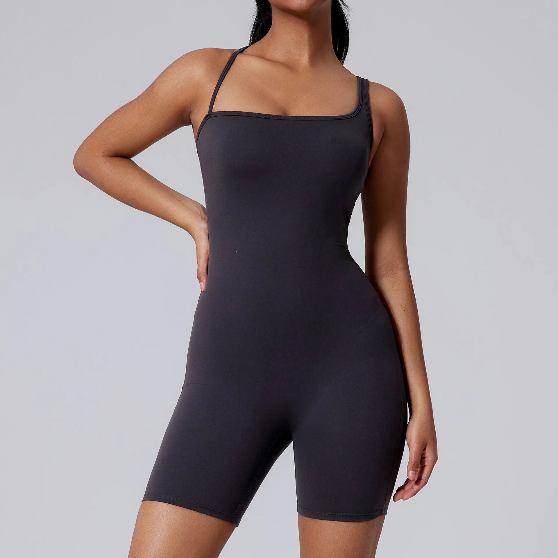 Women Seamless Yoga Jumpsuit Backless One Piece Romper Pleated Shorts Hip Lift Gym Dance Outfit Tight Fit Fitness Workout Suit