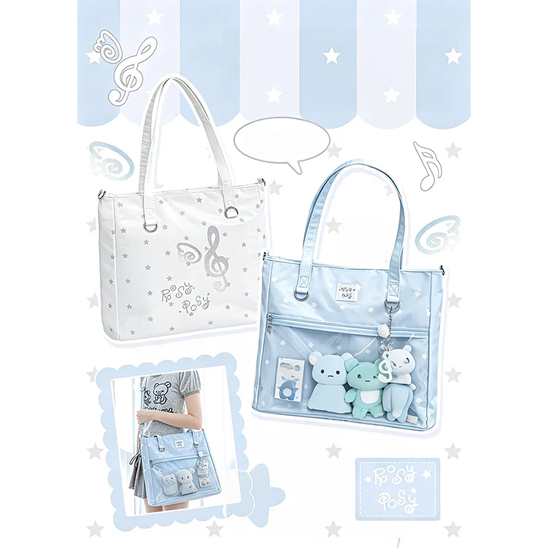 Ita-Tasche mit transparentem Sichtfenster, Tragetasche mit Polka-Dot-Stern- und Musiknotenmuster, große Einkaufstasche, Damenhandtasche. – Detail 3
