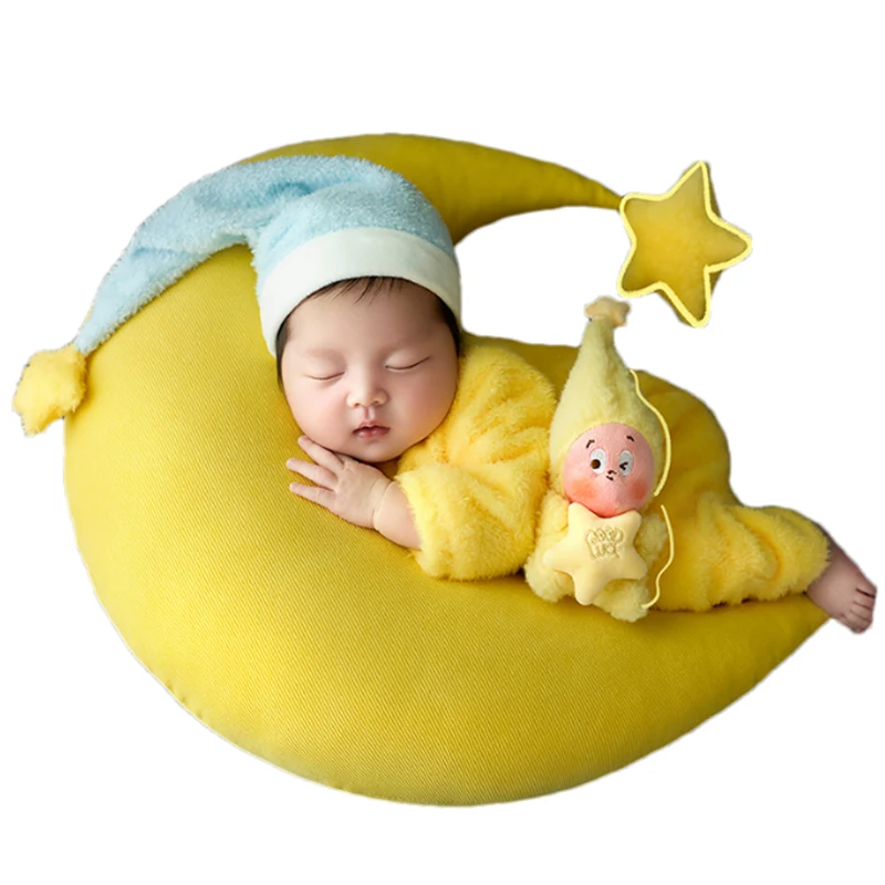 

Pajama Theme Newborn Photography Outfit, Baby Plush Romper +Blue Sleepy Hat +Moon Cushion + Star Toys, Professional Photo Props