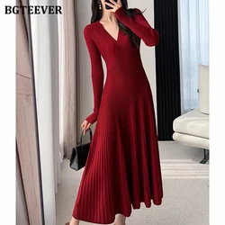 BGTEEVER Stylish V-neck Knitted A-line Dress Women Autumn Winter Full Sleeve Slim Waist Elegant Female Solid Sweater Dress