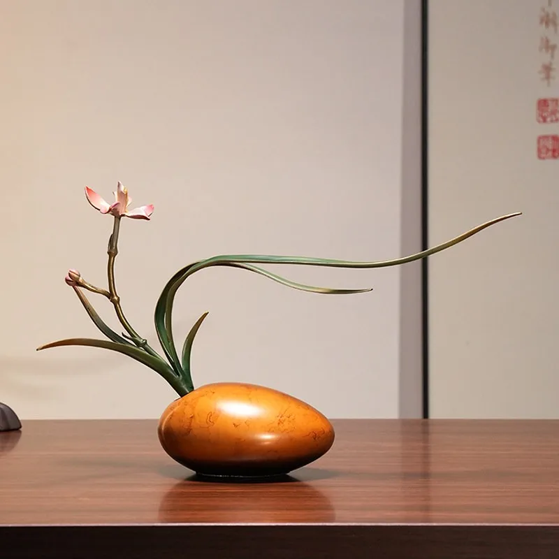 Copper Orchid Zen Figurine, Chinese Vintage Tea Table Entryway Decor, Solid Brass Handcrafted Ornament for Home Tea Room