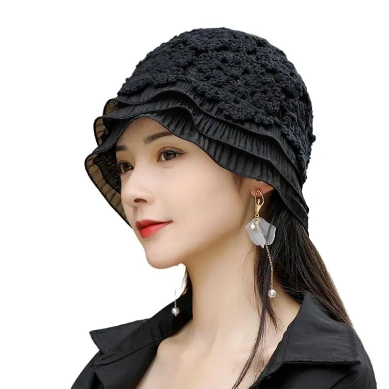 

652F Solid Color Cotton Bucket Hat Multicolor Foldable Hollowed Out Floral Hat Cap