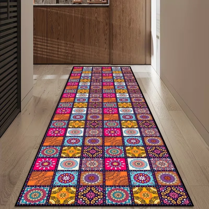 1pc Golden Diamond Flower Corridor Long Mat  Ethnic Style Kitchen Mat Persian Pattern Non-SlipColorful Fashionable Rugs Decor