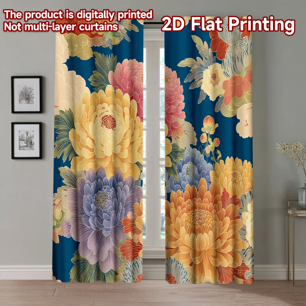 Retro floral illustration pattern Print Drapes Room Darkening Window Curtains Home Decor,Rod Pocket Blackout Curtains Bedroom