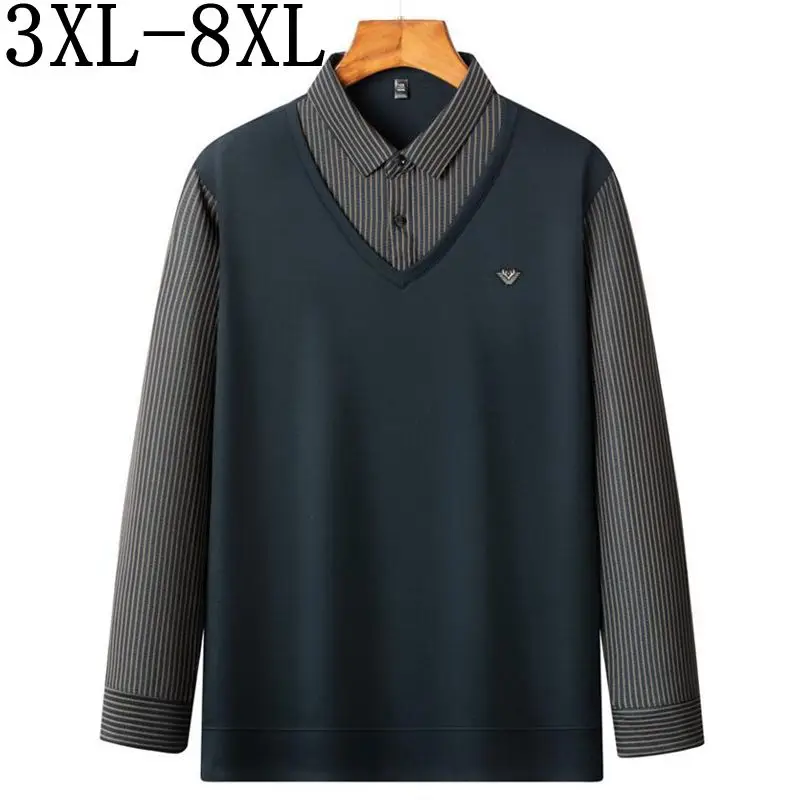 

8XL 7XL 6XL 2023 New Autumn High End Fake Two Piece Mens Shirts Comfortable Soft Polo Shirt Men Casual Striped T-Shirts Homme