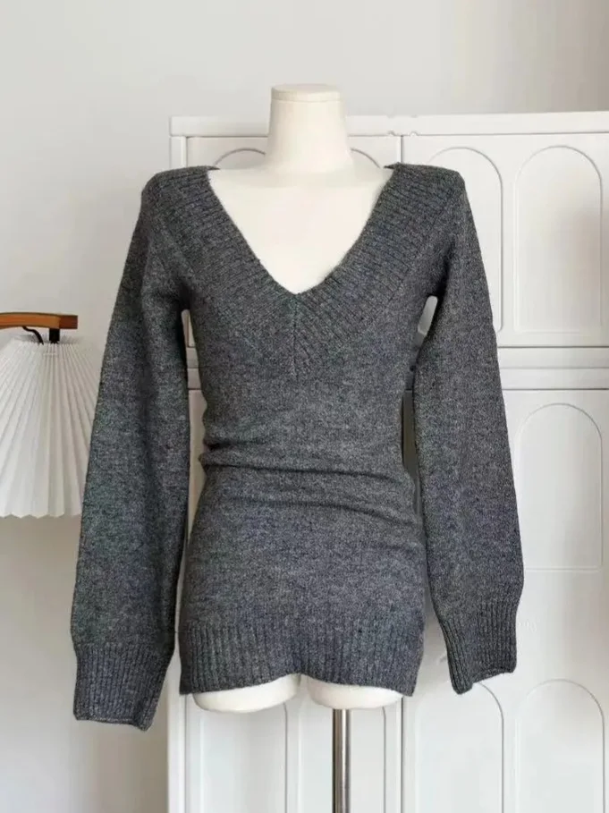 ベーシックフレンチレトロVネック長袖グレーセーターy2kガールジェントルプルオーバーニットセーター